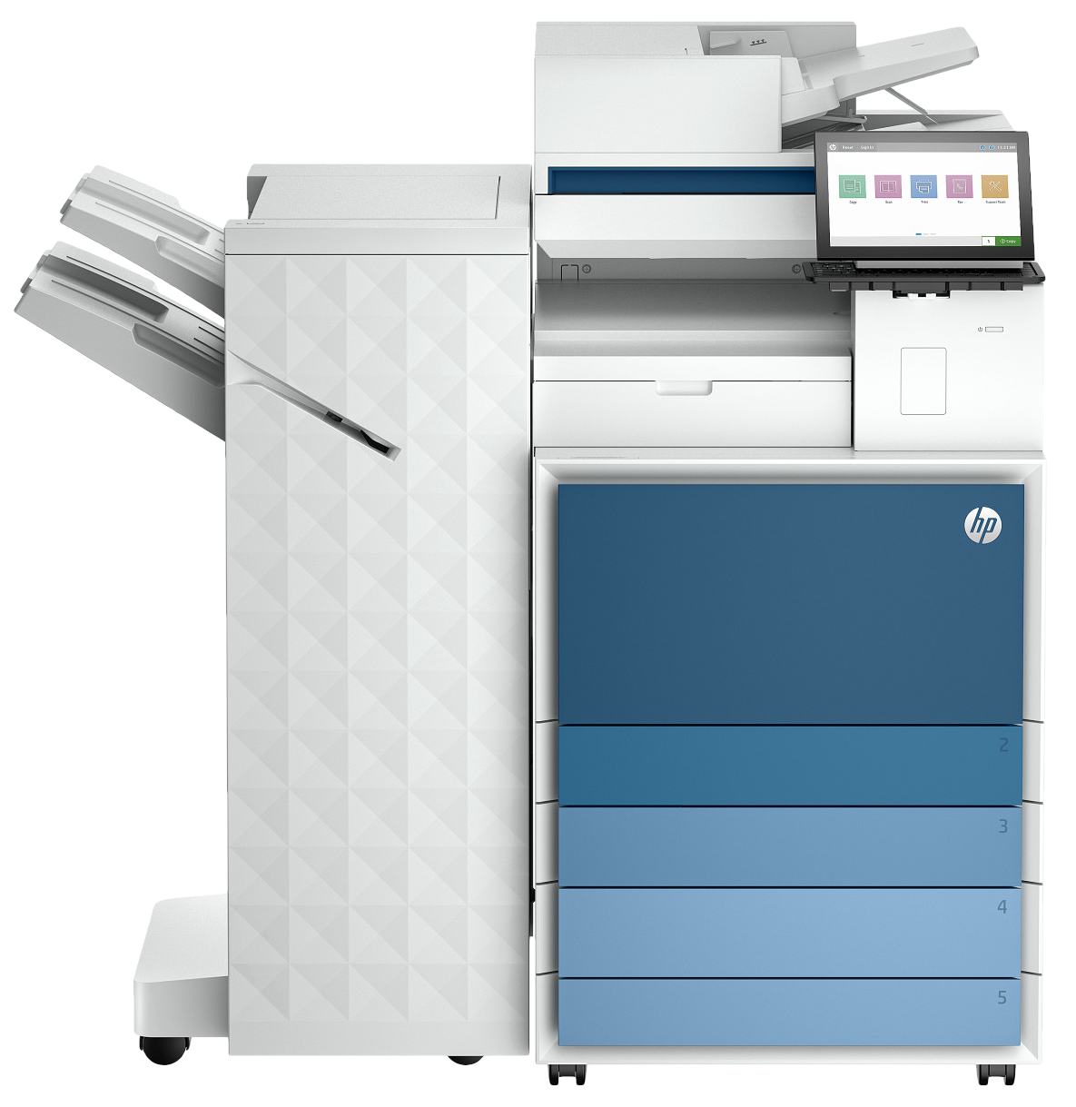 HP LaserJet multifunction printer in office setting.
