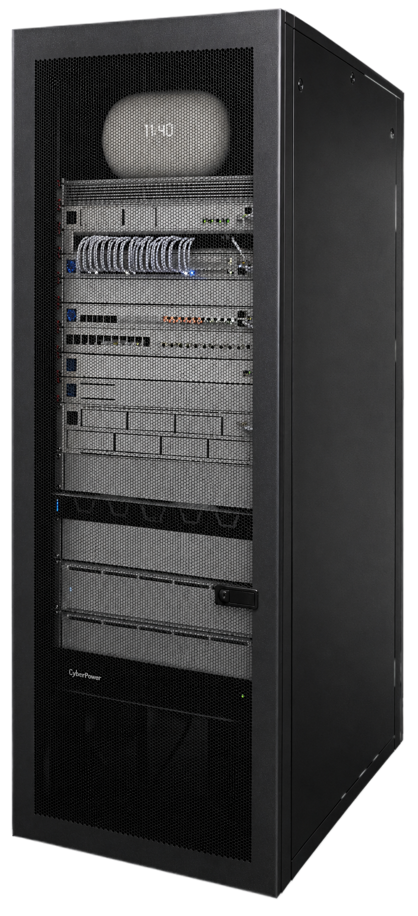 Affinity server rack with network switches, patch cabling, Dell servers, and CyberPower UPS in a managed cage.